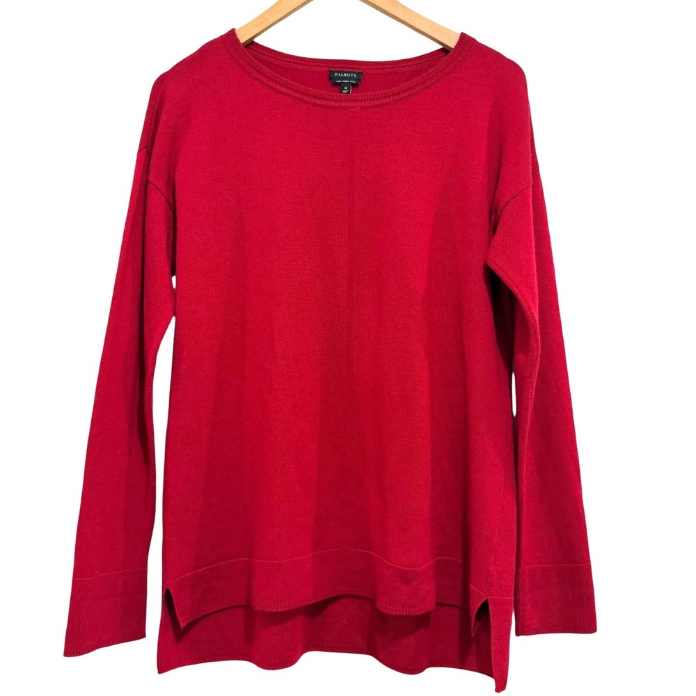 Talbots Red Pure Merino Wool Crew Neck High Low Hem Sweater Womens Medium